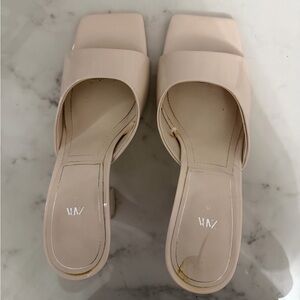 Nude Patent Square-Toe Slide Heels